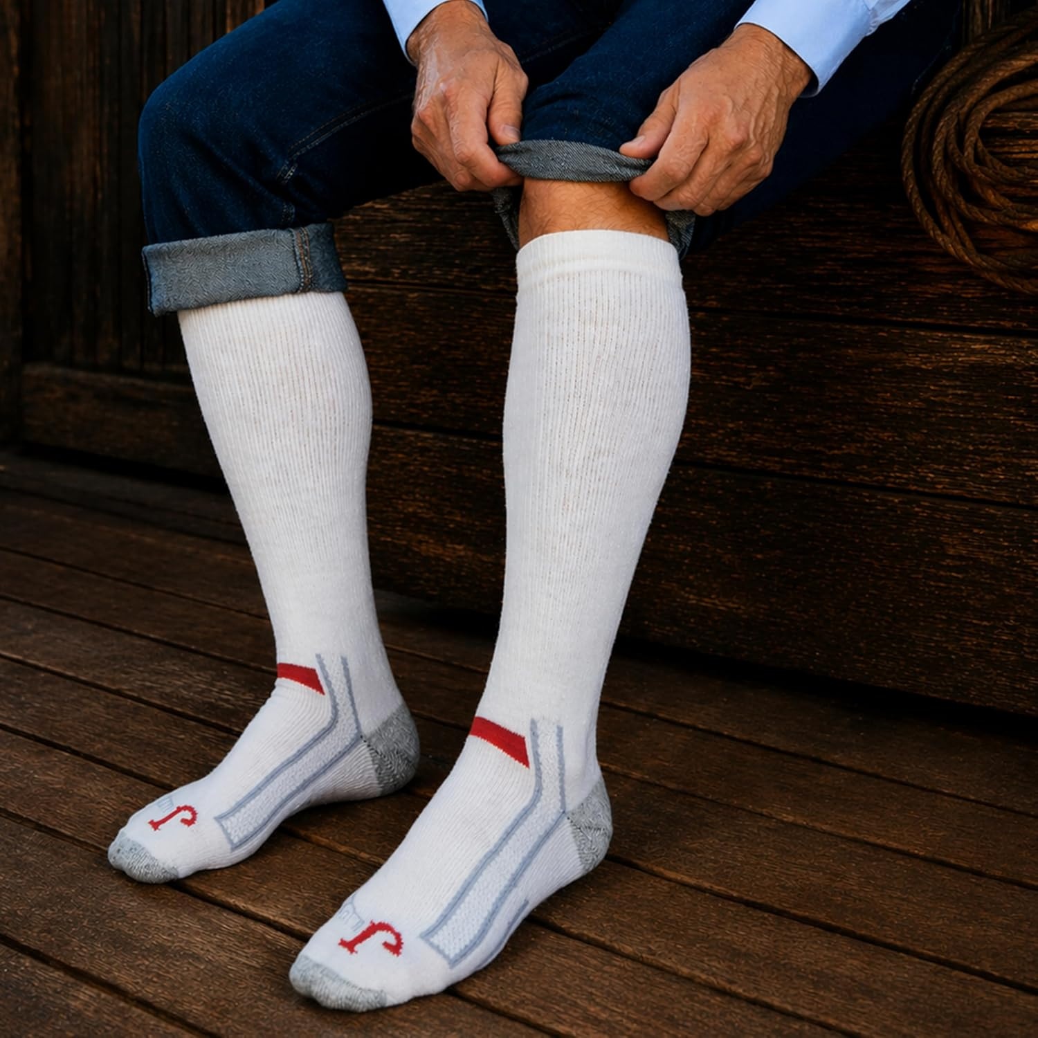 image:imageJustin Men Women amp Youth Full Cushion Over The Calf Socks 2 Pack Cotton Blend Seamless Toe Arch SupportWhite