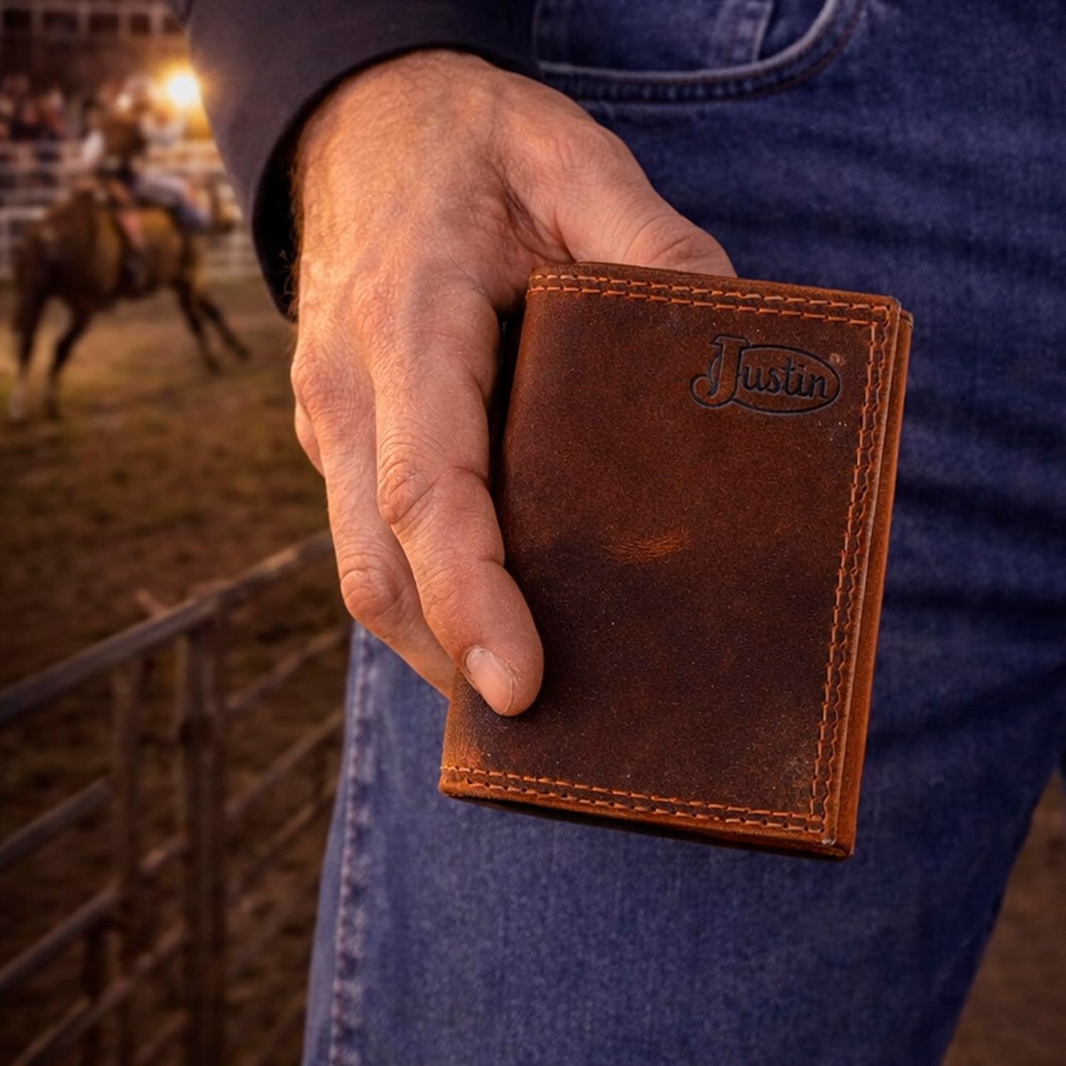 image:imageJustin Mens Genuine Leather Trifold Wallet Oiled Brown