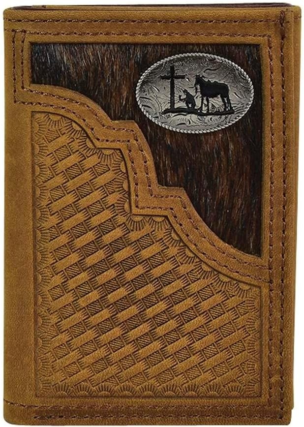 image:imageJustin Mens Genuine Leather Trifold Wallet Tan Basketweave with Brindle Yoke and Oval Concho Detail
