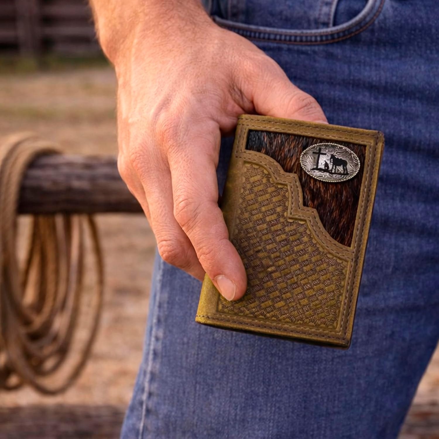 image:imageJustin Mens Genuine Leather Trifold Wallet Tan Basketweave with Brindle Yoke and Oval Concho Detail