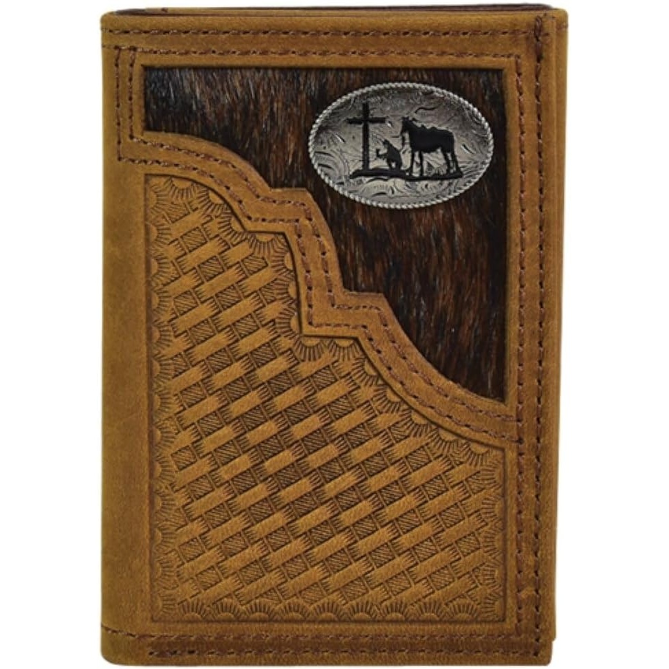 image:imageJustin Mens Genuine Leather Trifold Wallet Tan Basketweave with Brindle Yoke and Oval Concho Detail