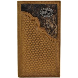 image:imageJustin Mens Genuine Leather Rodeo Wallet  Tan Basketweave with Brindle Yoke and Oval Concho Long Wallet