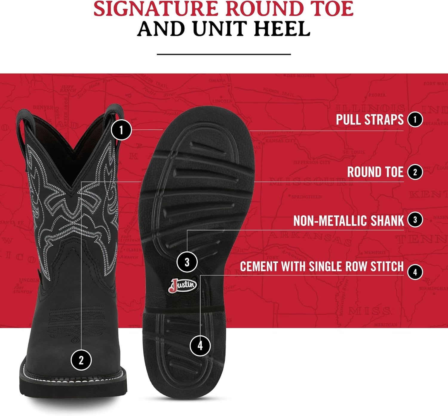 image:imageJustin Gypsy Kay 8 Cowboy Boots for Women Premium FullGrain Leather Womens Cowgirl Boots with Removable Orthotic Footbed SlipResistant Rubber OutsoleBlack