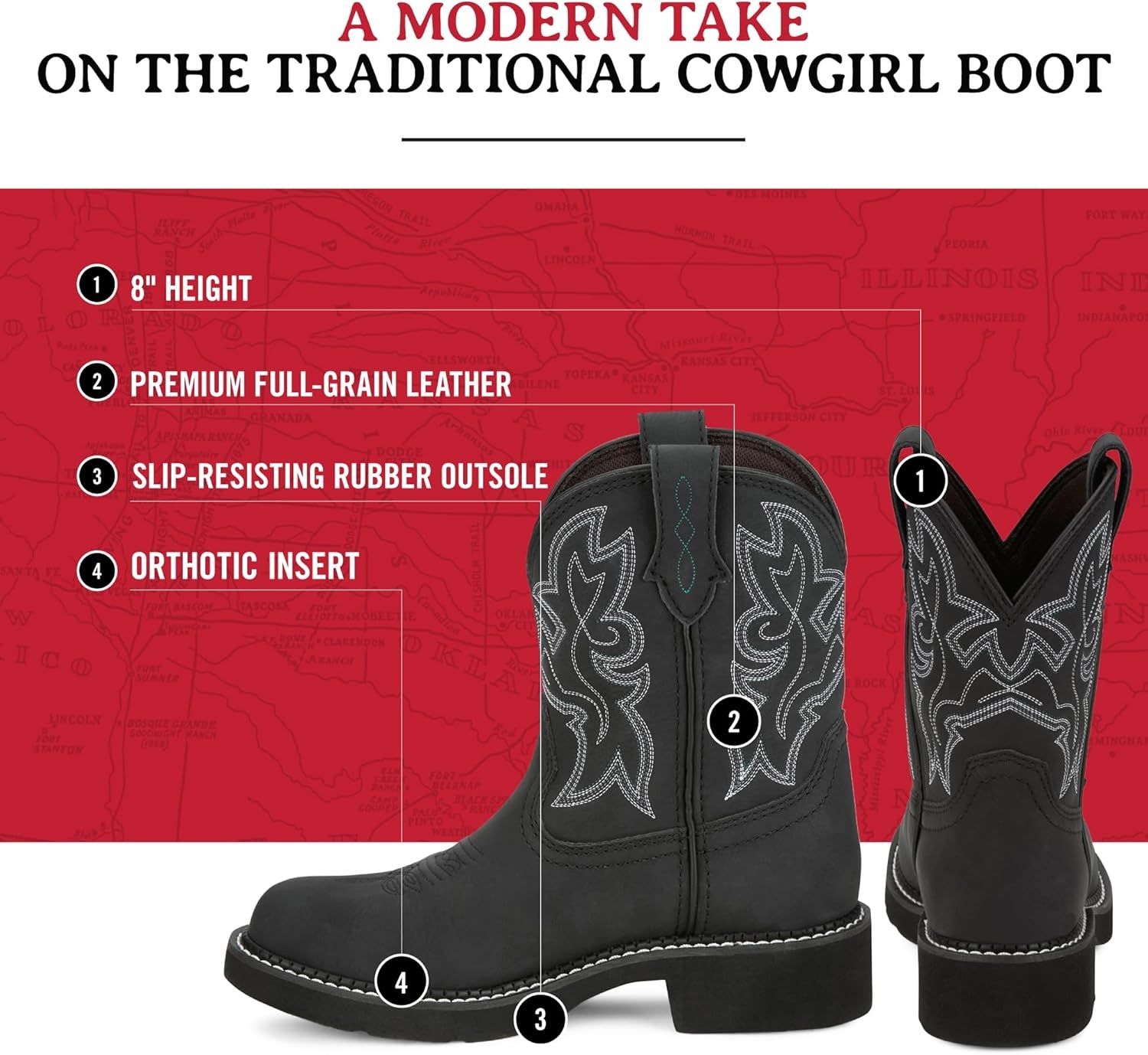 image:imageJustin Gypsy Kay 8 Cowboy Boots for Women Premium FullGrain Leather Womens Cowgirl Boots with Removable Orthotic Footbed SlipResistant Rubber OutsoleBlack