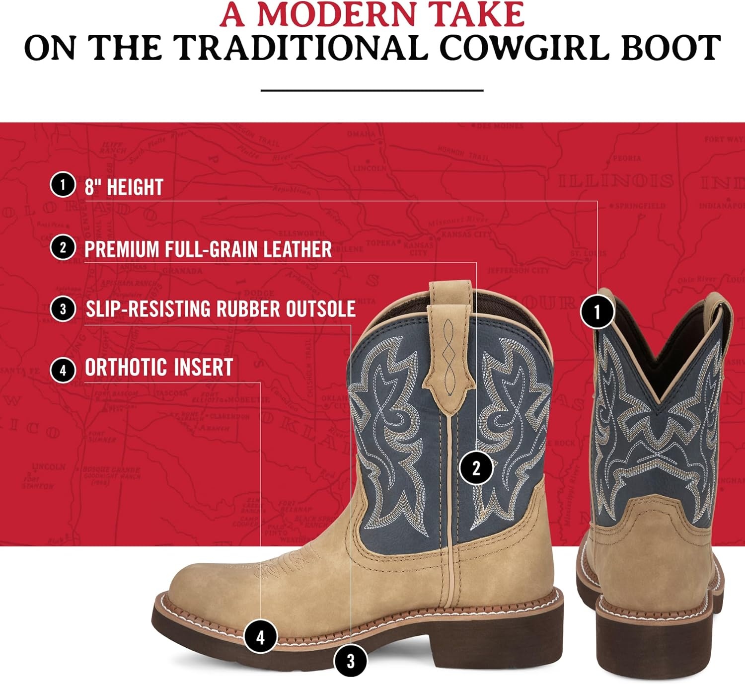 image:imageJustin Gypsy Kay 8 Cowboy Boots for Women Premium FullGrain Leather Womens Cowgirl Boots with Removable Orthotic Footbed SlipResistant Rubber OutsoleHoney