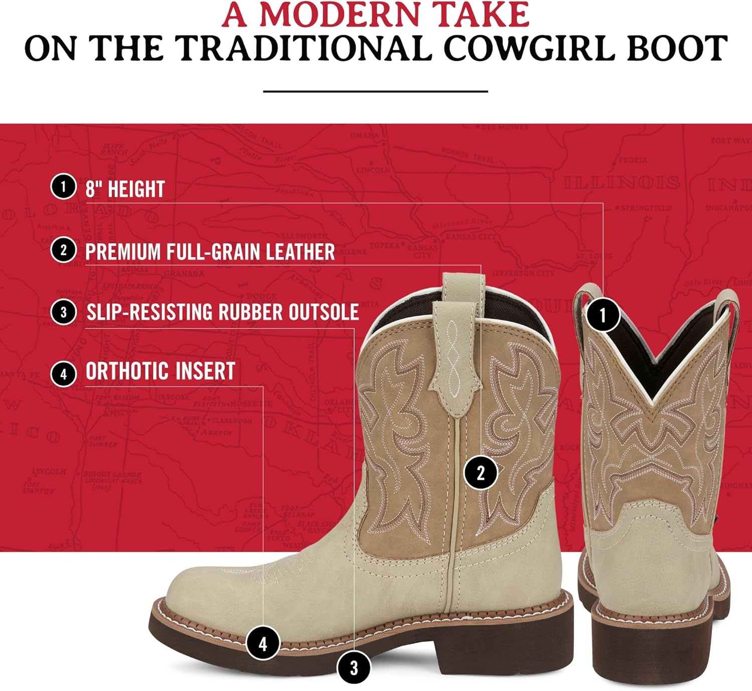 image:imageJustin Gypsy Kay 8 Cowboy Boots for Women Premium FullGrain Leather Womens Cowgirl Boots with Removable Orthotic Footbed SlipResistant Rubber OutsoleTaupe