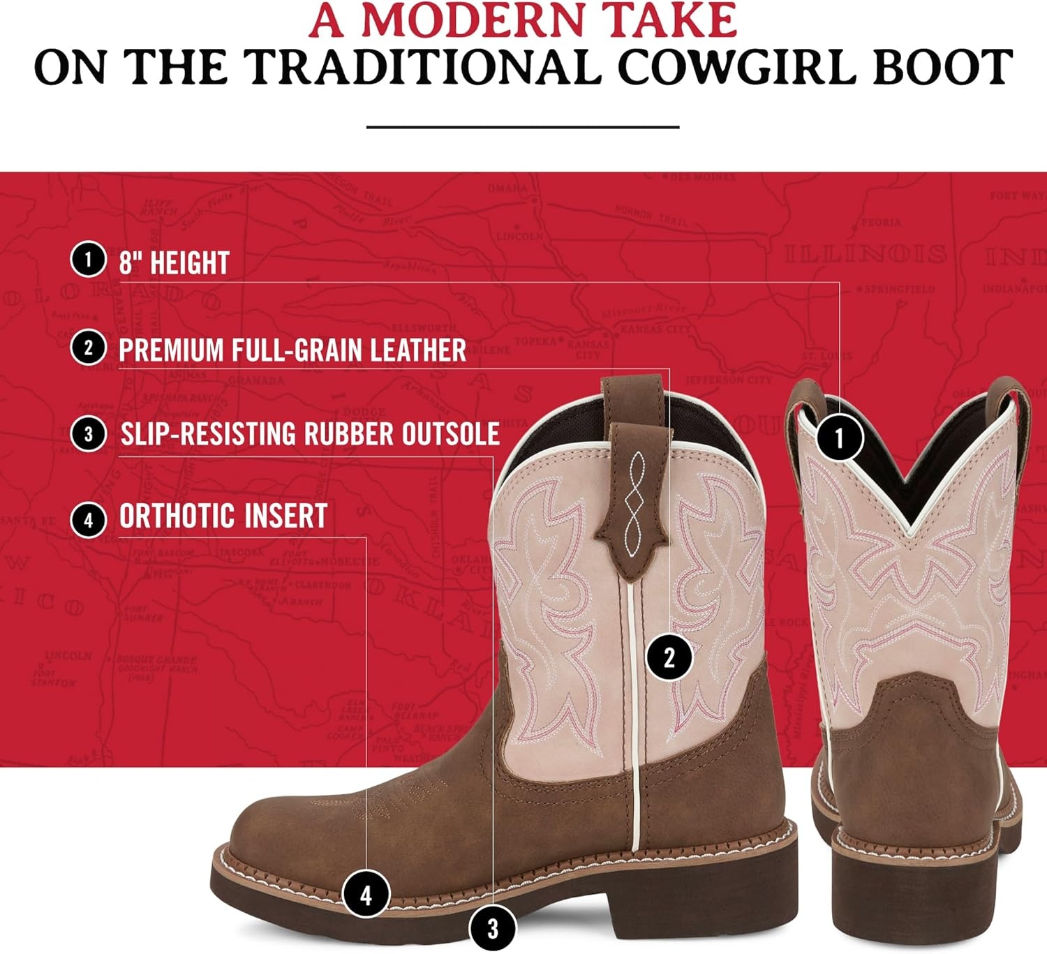 image:imageJustin Gypsy Kay 8 Cowboy Boots for Women Premium FullGrain Leather Womens Cowgirl Boots with Removable Orthotic Footbed SlipResistant Rubber OutsoleWalnut