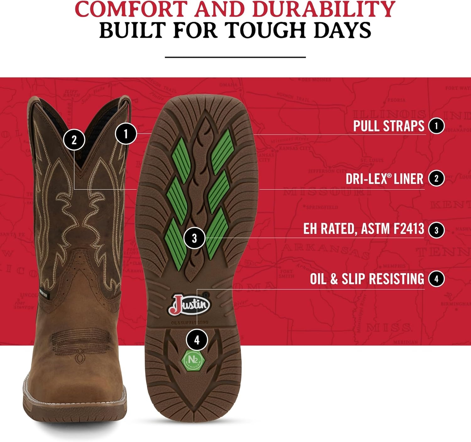 image:imageJustin NiTread 11 Composite Toe Boots for Men Commander Collection Square Toe FullGrain Leather Mens Work Boots with Comfort Footbed and Oil amp SlipResistant OutsoleTaupe