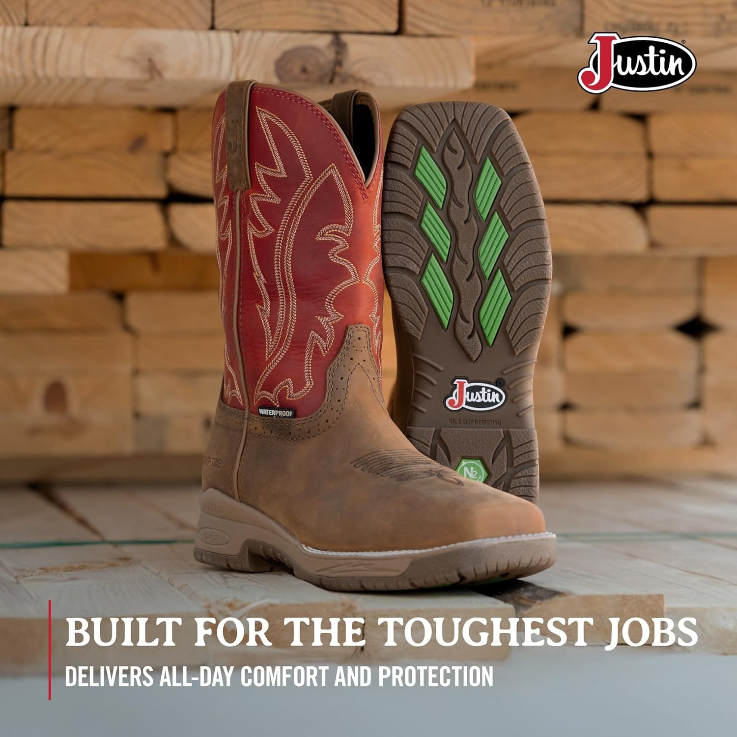 image:imageJustin NiTread 11 Composite Toe Boots for Men Commander Collection Square Toe FullGrain Leather Mens Work Boots with Comfort Footbed and Oil amp SlipResistant OutsoleTaupe