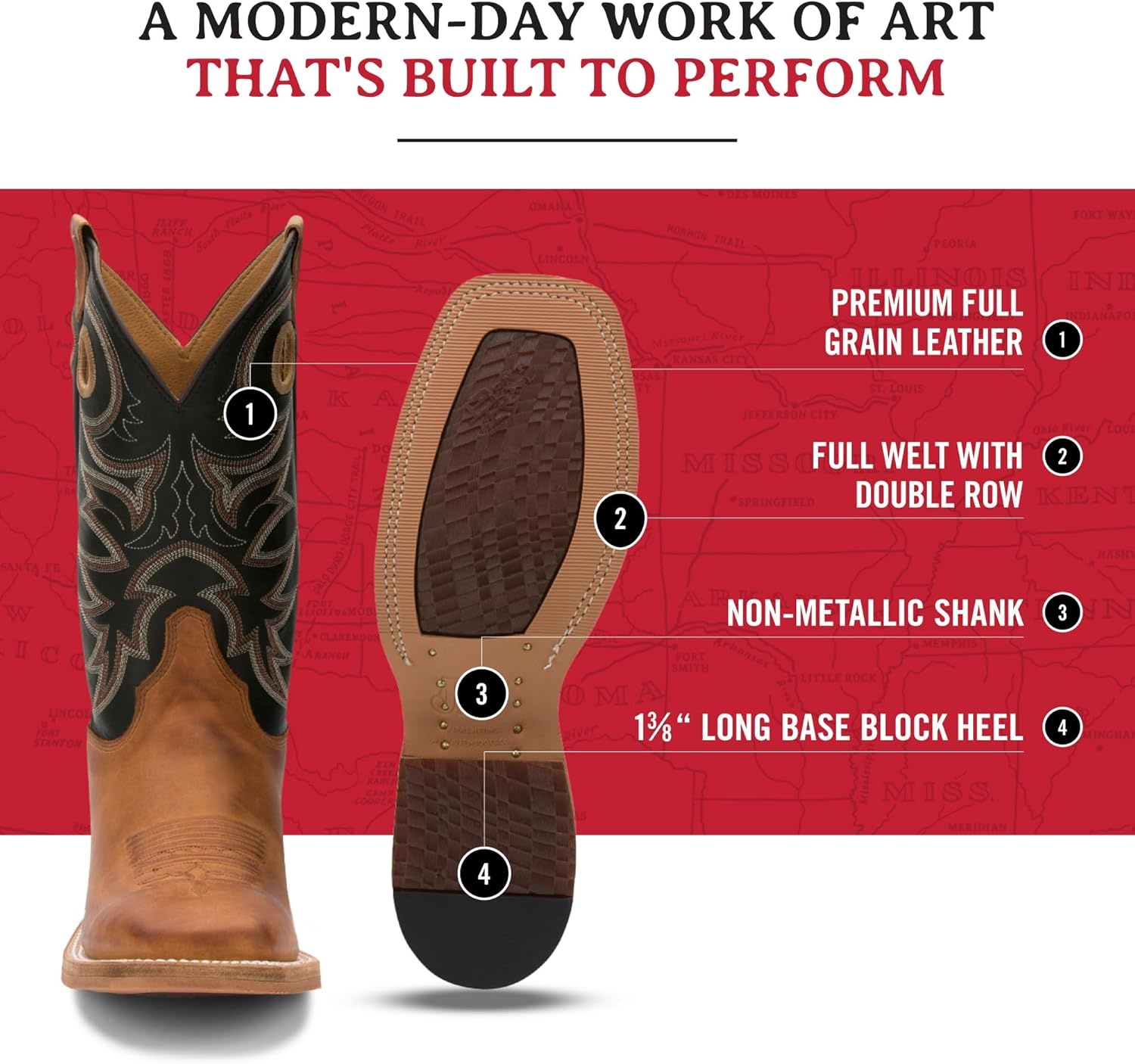image:imageJustin Caddo 11 Western Boots for Men Durable Premium FullGrain Leather Square Toe Cowboy Boots Built with Full DoubleStitch Welt ConstructionCopper Brown