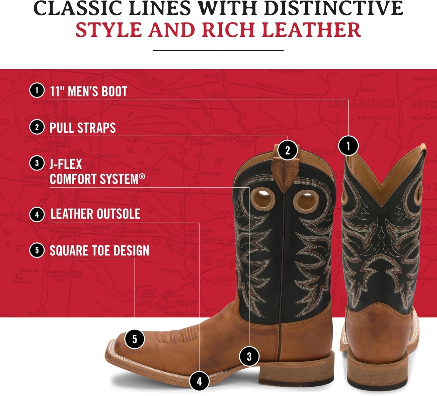 image:imageJustin Caddo 11 Western Boots for Men Durable Premium FullGrain Leather Square Toe Cowboy Boots Built with Full DoubleStitch Welt ConstructionCopper Brown