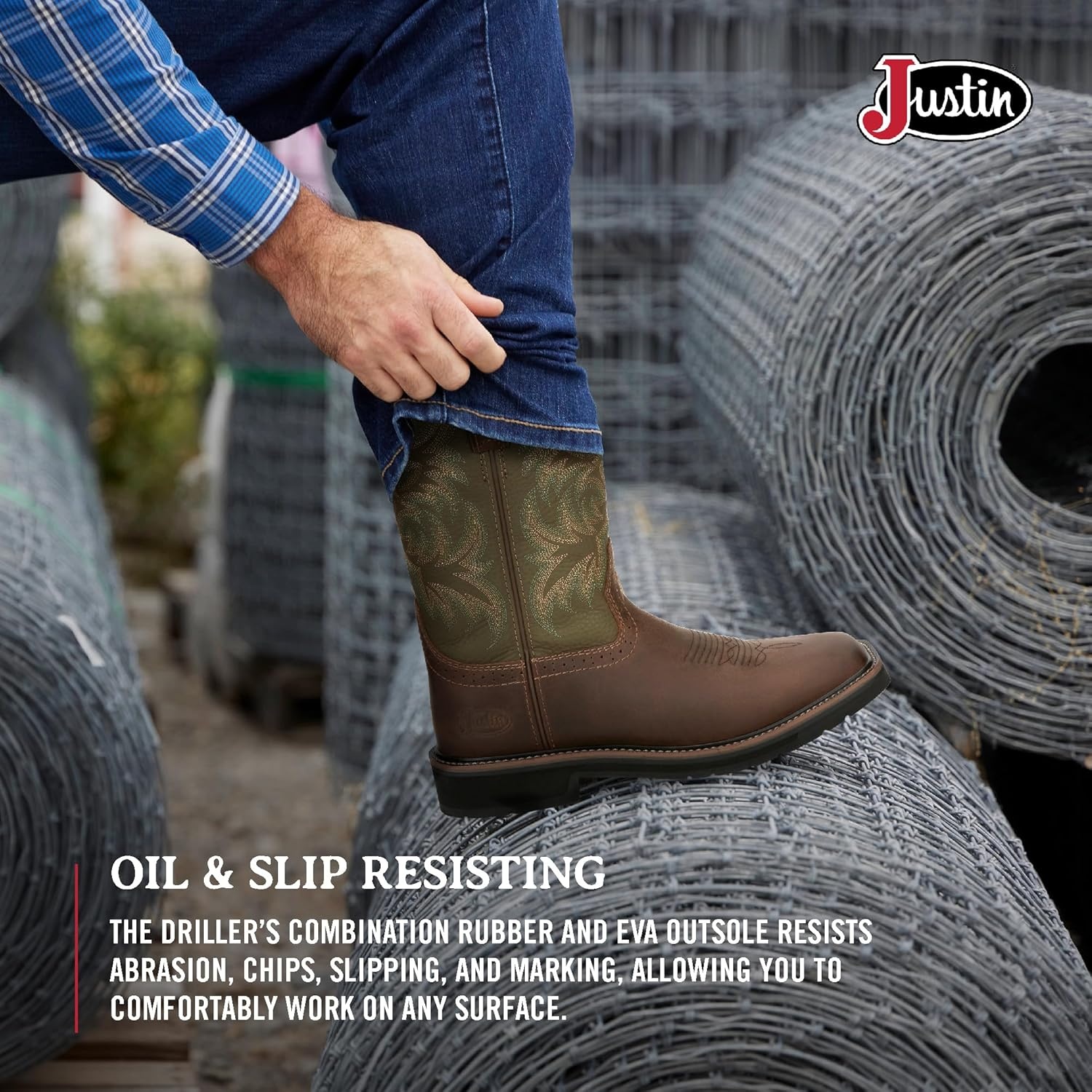 image:imageJustin Driller 11 Work Boot for Men Durable Construction SlipResistant Sole Comfortable FitBrownWhite