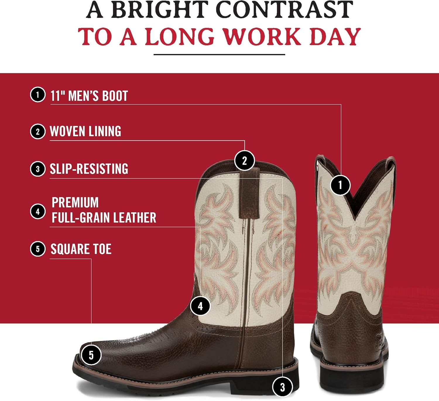 image:imageJustin Driller 11 Work Boot for Men Durable Construction SlipResistant Sole Comfortable FitBrownWhite