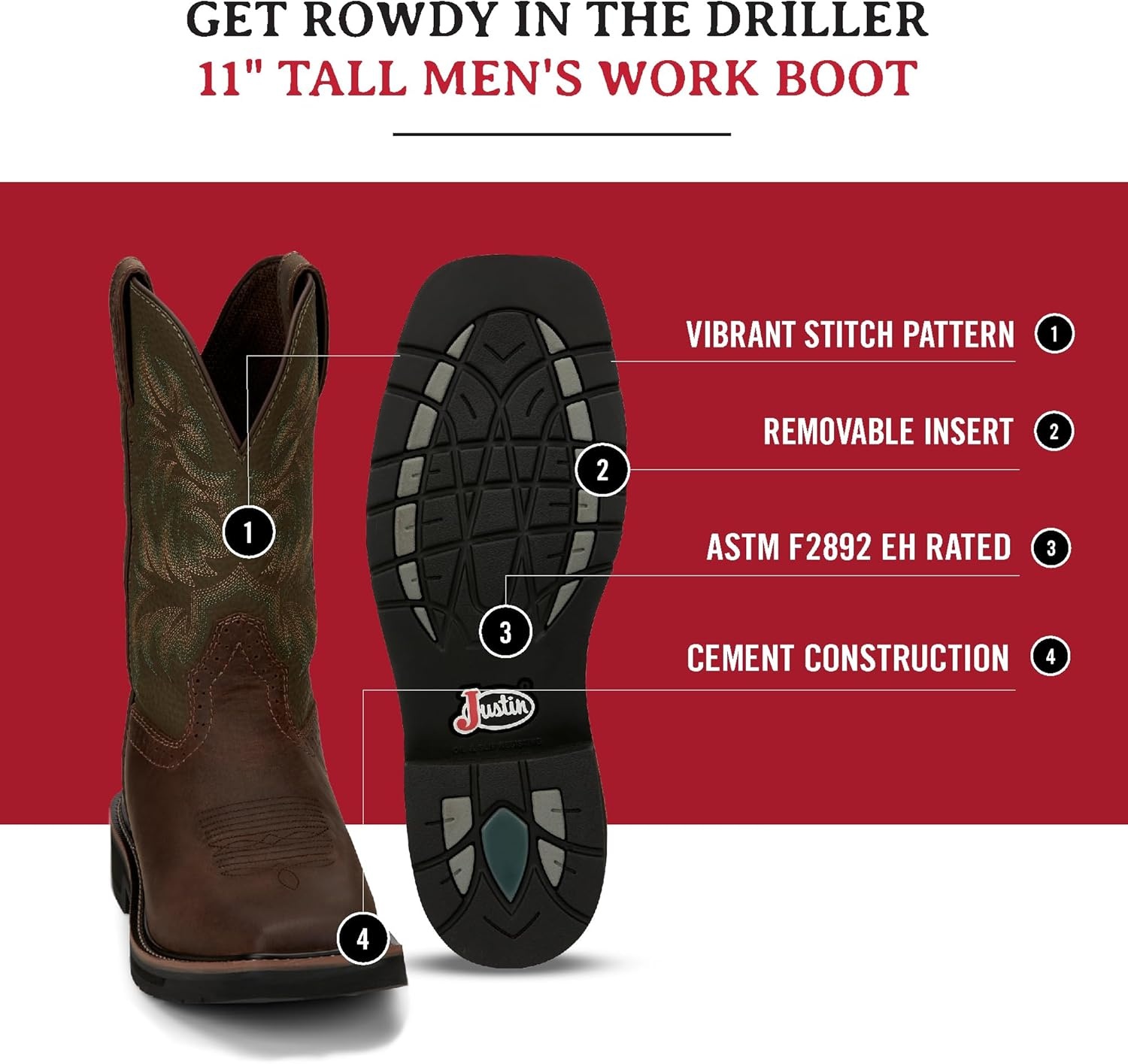 image:imageJustin Driller 11 Work Boot for Men Durable Construction SlipResistant Sole Comfortable FitCedar