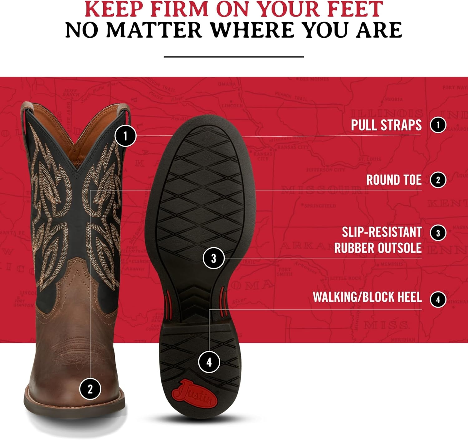 image:imageJustin Rendon 11 Western Boot Mens Round Toe Cowhide Removable Orthotic Insole SlipResistant Rubber OutsoleBrown