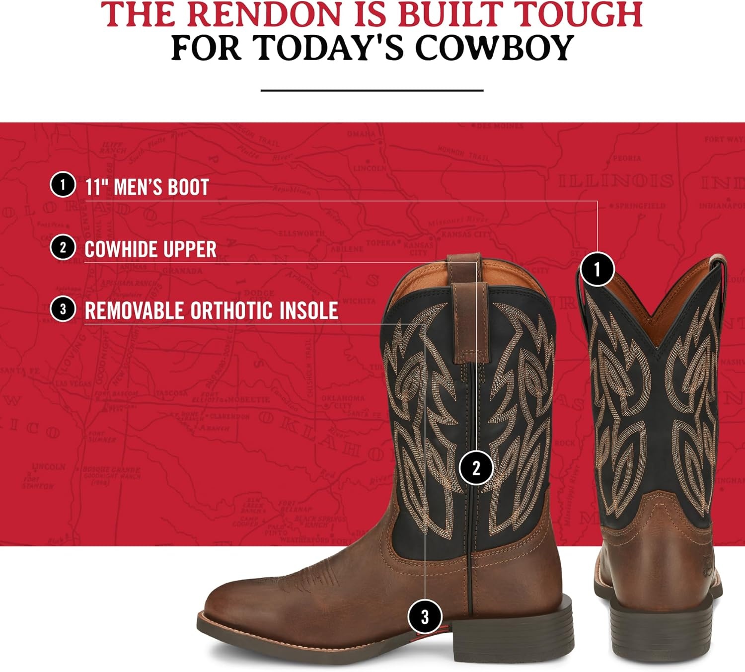 image:imageJustin Rendon 11 Western Boot Mens Round Toe Cowhide Removable Orthotic Insole SlipResistant Rubber OutsoleBrown