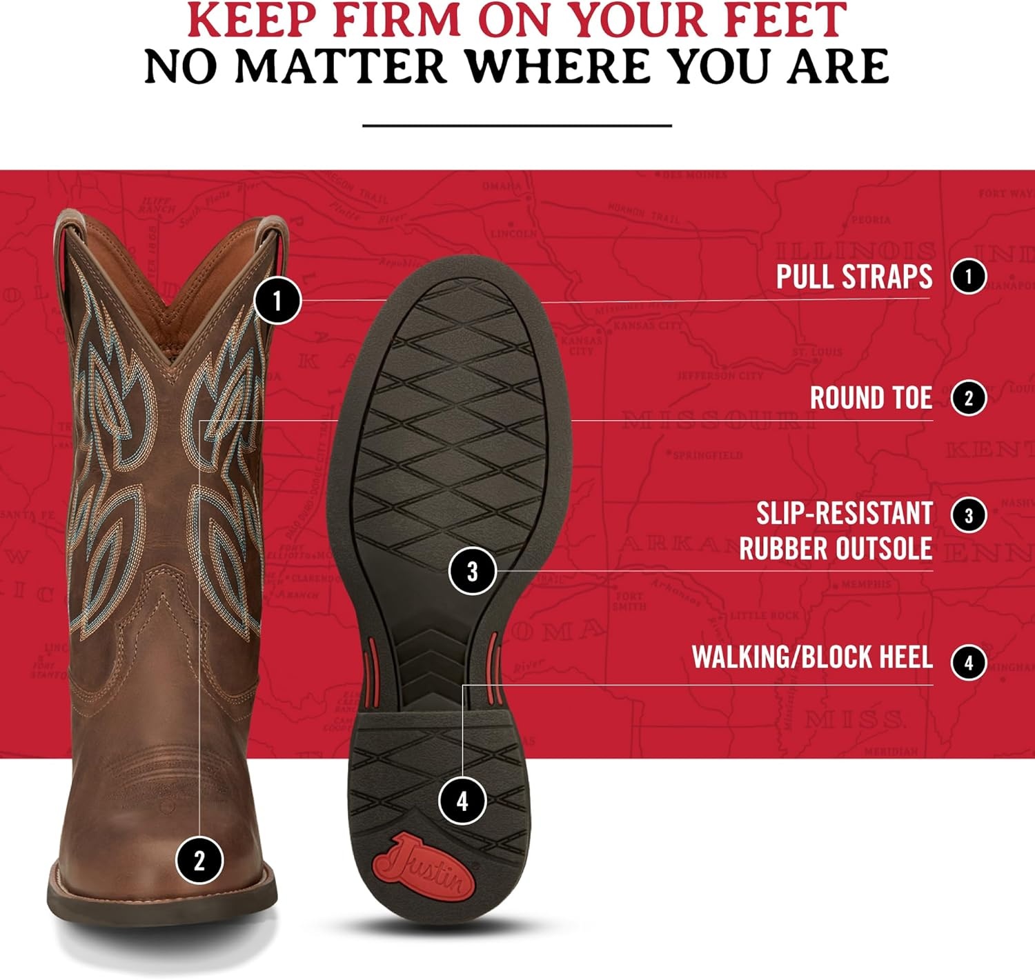 image:imageJustin Rendon 11 Western Boot Mens Round Toe Cowhide Removable Orthotic Insole SlipResistant Rubber OutsolePecan