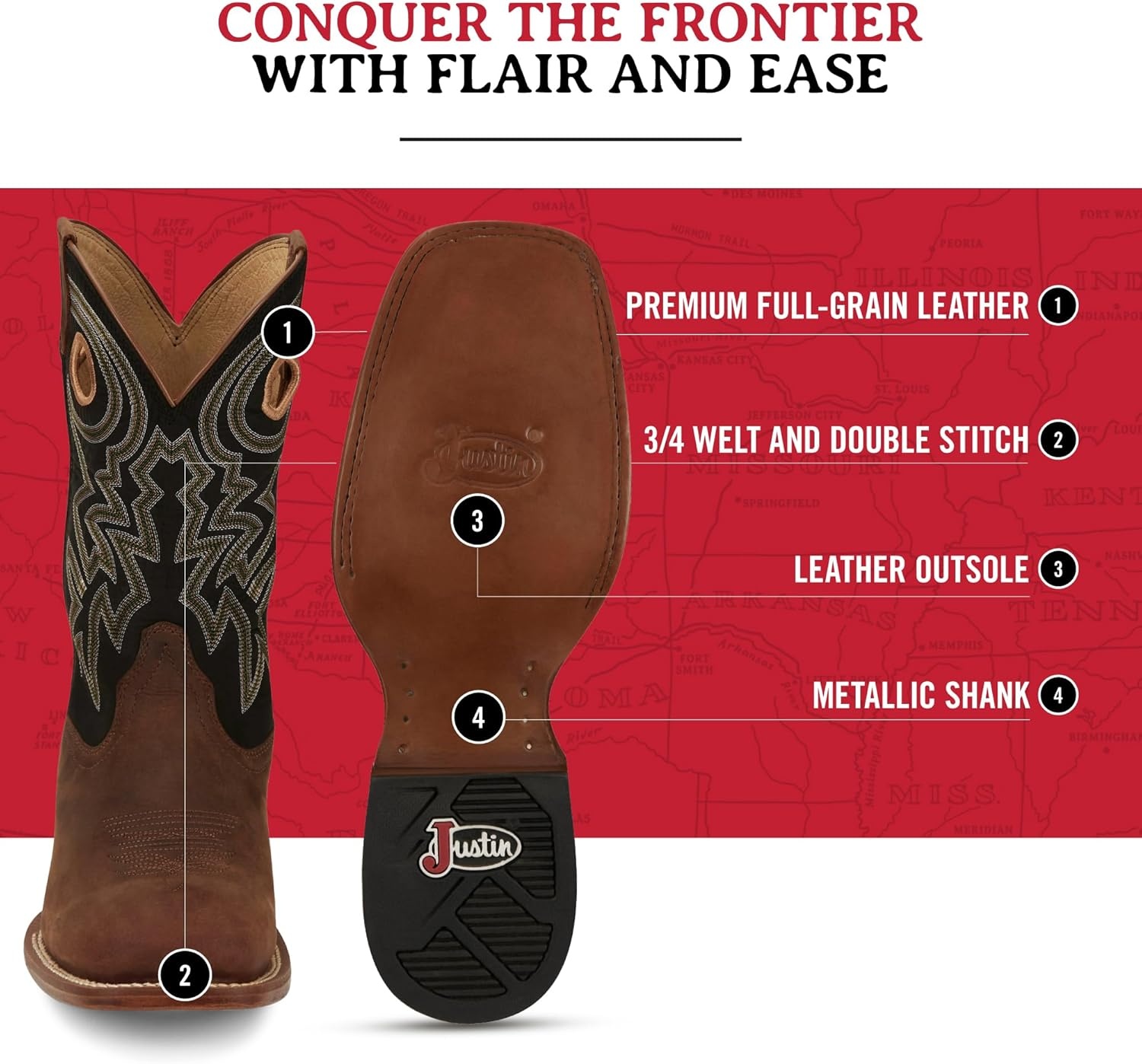 image:imageJustin Big News 11 Western Boots for Men Frontier Collection Square Toe Leather Mens Cowboy Boots with Comfort Footbed amp Heeled Leather OutsoleWalnut