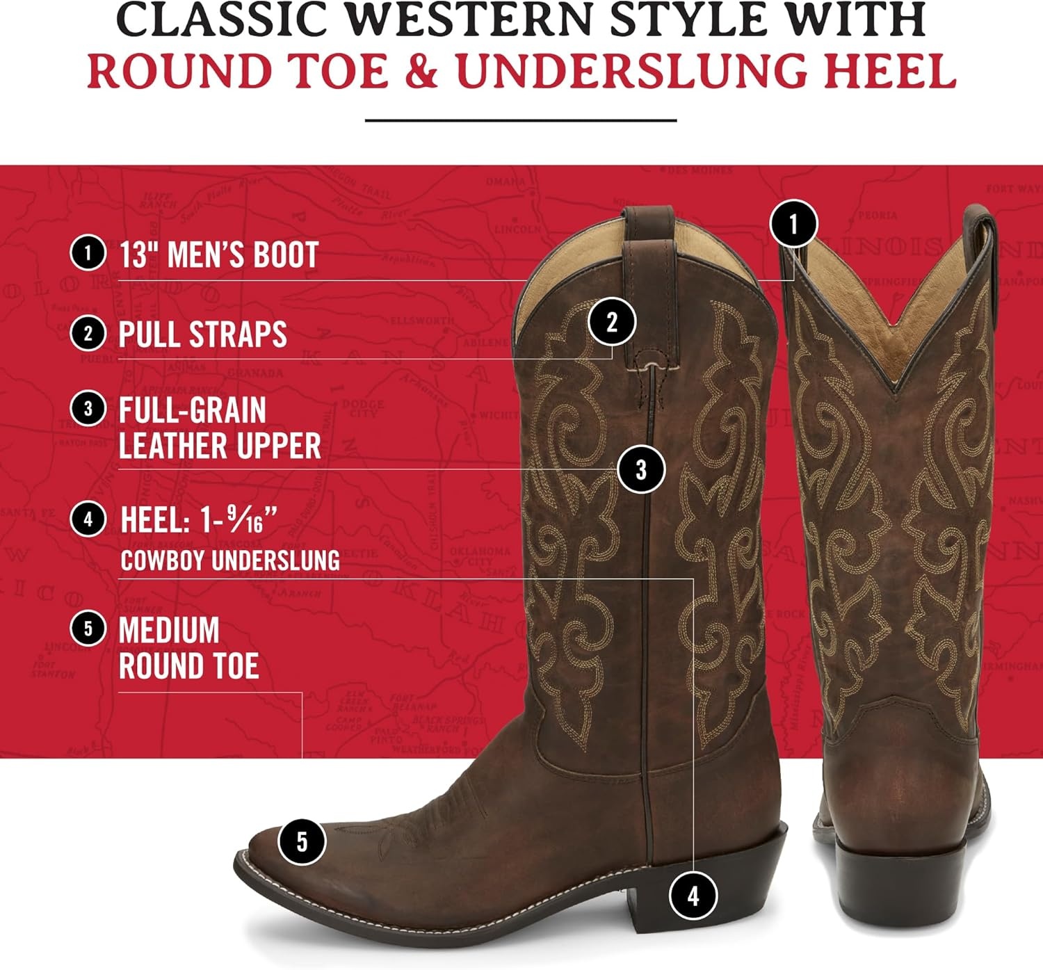 image:imageJustin Buck 13 Cowboy Boots for Men Durable Premium FullGrain Leather Round Toe Western Boots Build with Cushioned Insole amp Full Welt ConstructionBay Apache