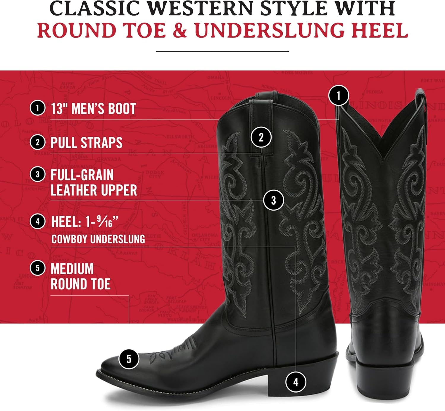image:imageJustin Buck 13 Cowboy Boots for Men Durable Premium FullGrain Leather Round Toe Western Boots Build with Cushioned Insole amp Full Welt ConstructionBlack