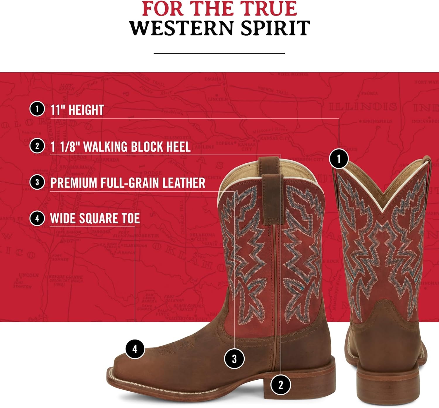 image:imageJustin Jackpot 11 Western Boots for Men Frontier Collection Square Toe Leather Mens Cowboy Boots with Comfort Footbed amp Heeled Leather OutsolePecan