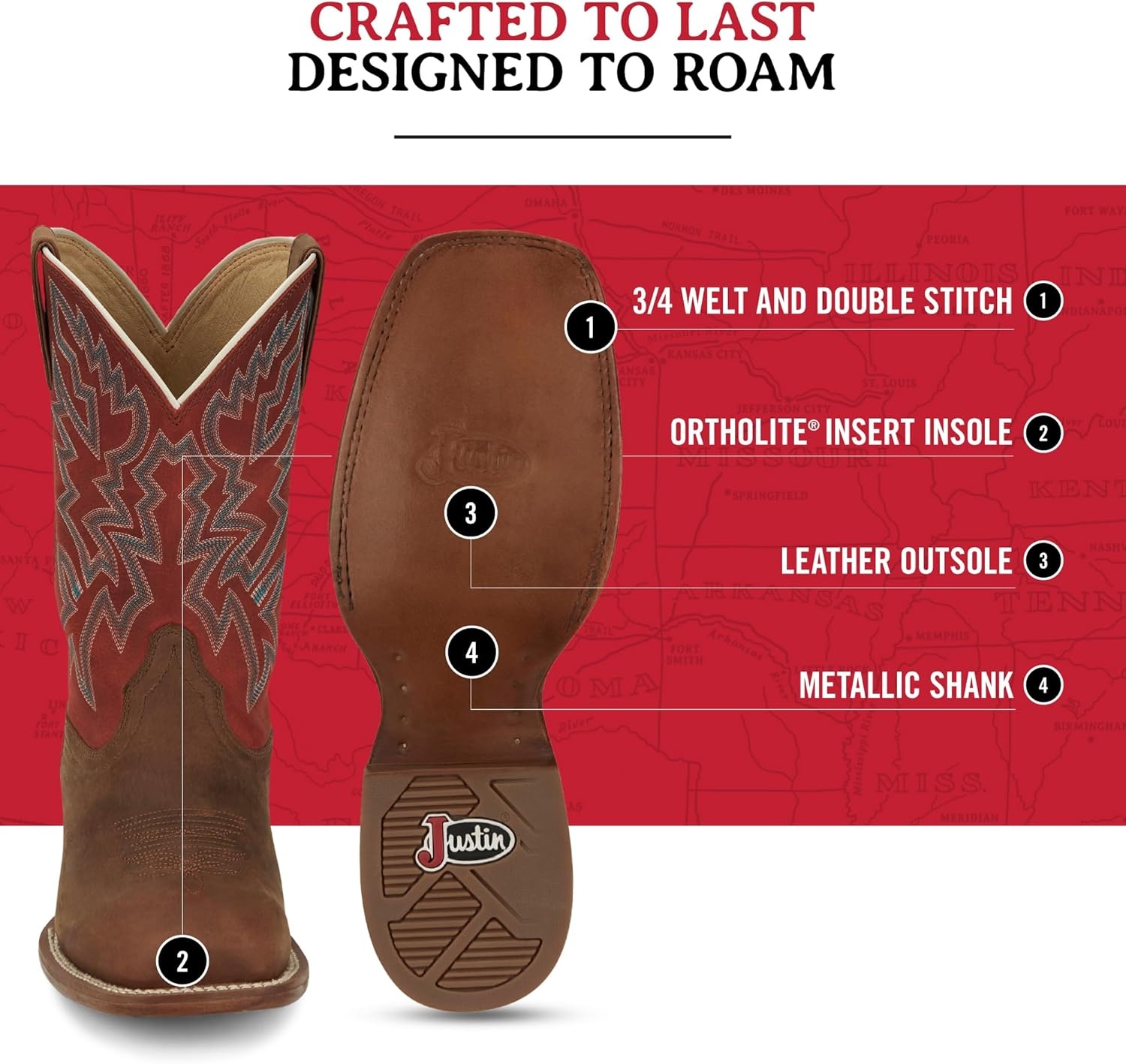 image:imageJustin Jackpot 11 Western Boots for Men Frontier Collection Square Toe Leather Mens Cowboy Boots with Comfort Footbed amp Heeled Leather OutsolePecan