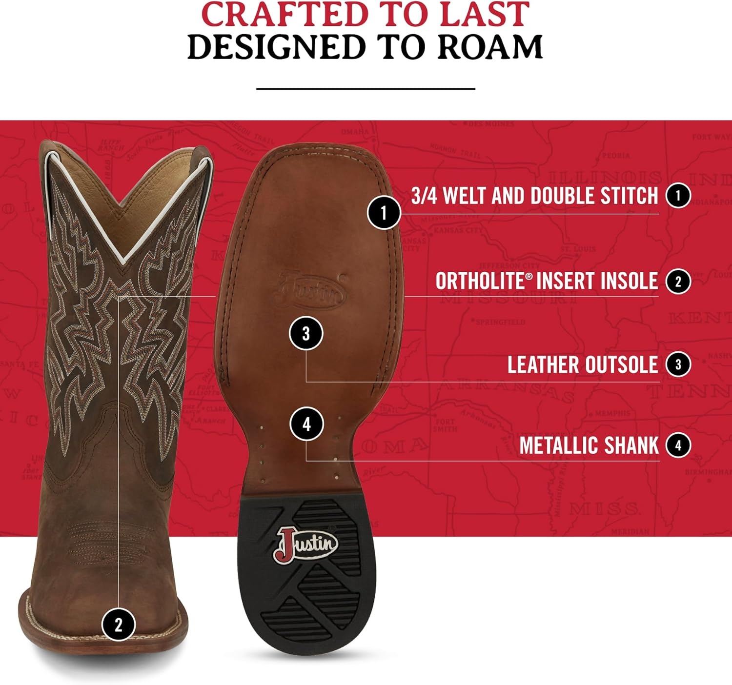 image:imageJustin Jackpot 11 Western Boots for Men Frontier Collection Square Toe Leather Mens Cowboy Boots with Comfort Footbed amp Heeled Leather OutsoleWalnut