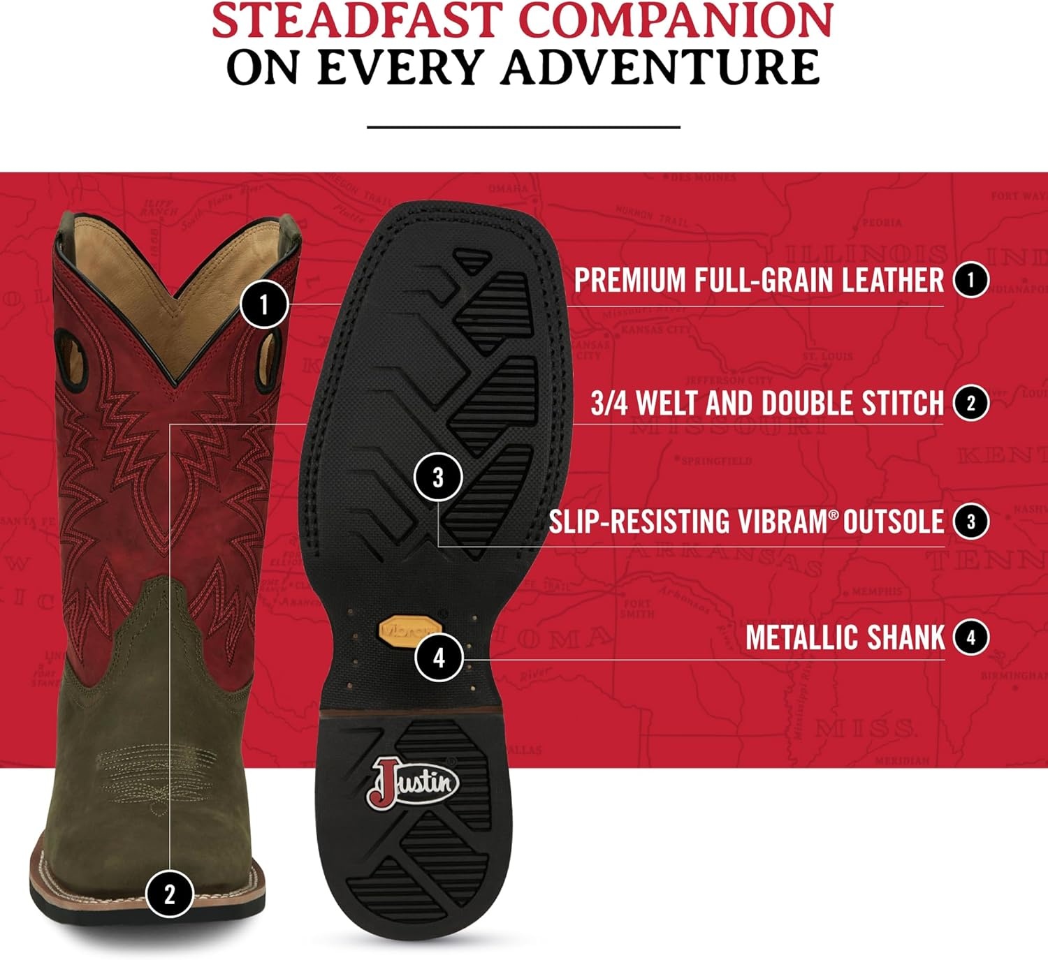 image:imageJustin Show Stopper 11 Western Boots for Men Frontier Collection Square Toe Leather Mens Cowboy Boots with Comfort Footbed Non Slip OutsoleAsh