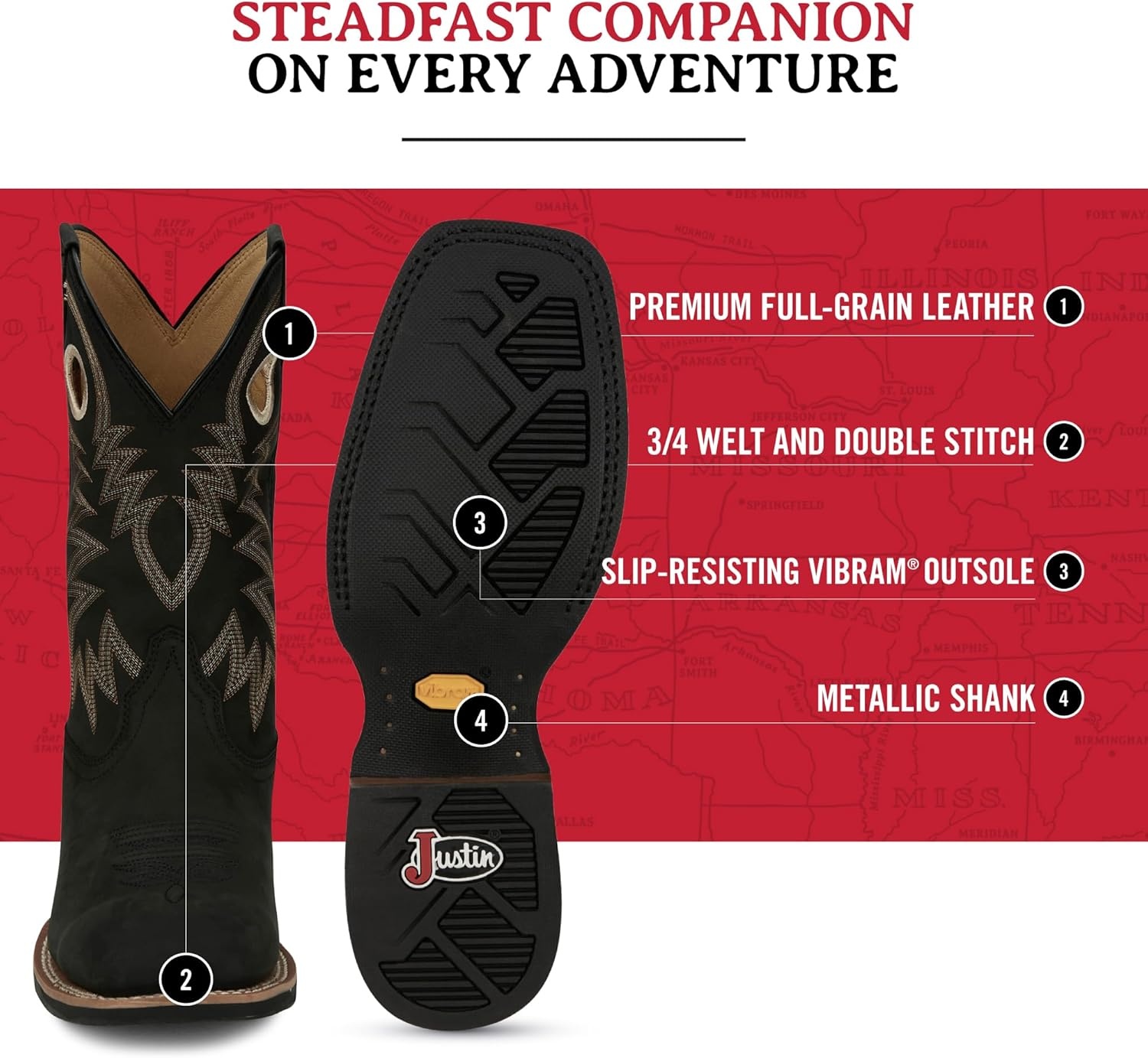 image:imageJustin Show Stopper 11 Western Boots for Men Frontier Collection Square Toe Leather Mens Cowboy Boots with Comfort Footbed Non Slip OutsoleBlack