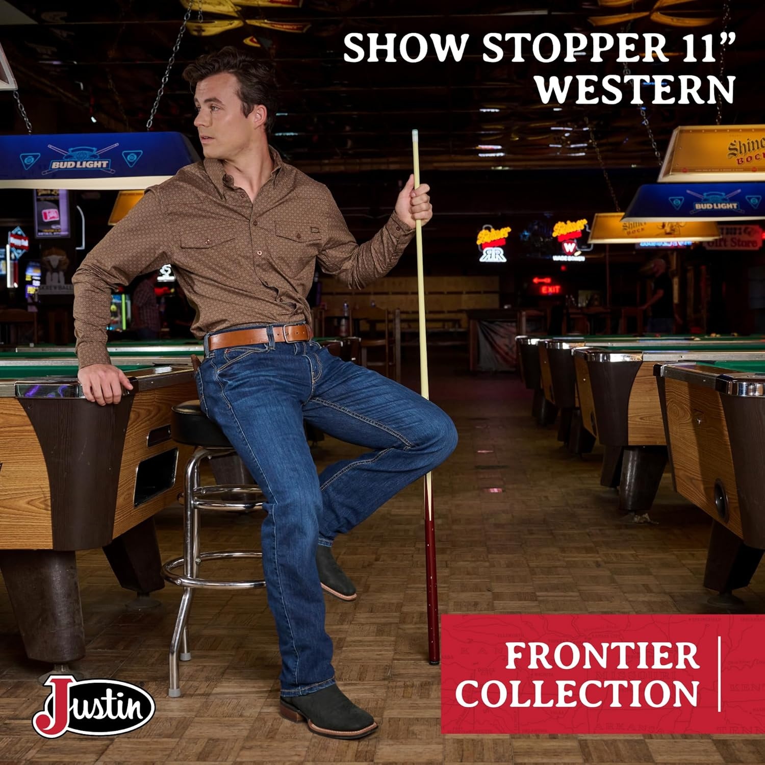 image:imageJustin Show Stopper 11 Western Boots for Men Frontier Collection Square Toe Leather Mens Cowboy Boots with Comfort Footbed Non Slip OutsolePecan