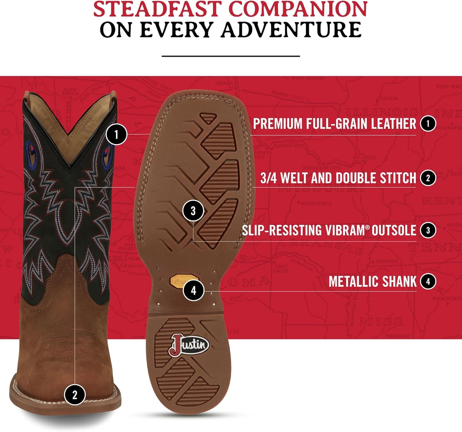 image:imageJustin Show Stopper 11 Western Boots for Men Frontier Collection Square Toe Leather Mens Cowboy Boots with Comfort Footbed Non Slip OutsolePecan