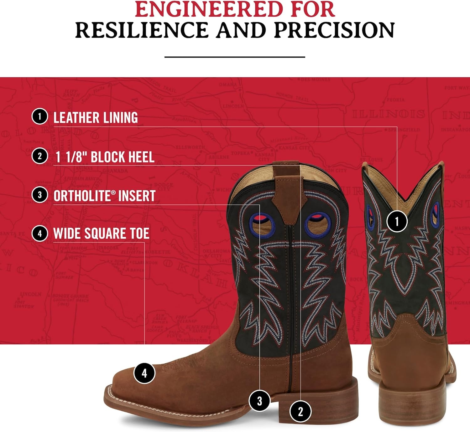 image:imageJustin Show Stopper 11 Western Boots for Men Frontier Collection Square Toe Leather Mens Cowboy Boots with Comfort Footbed Non Slip OutsolePecan