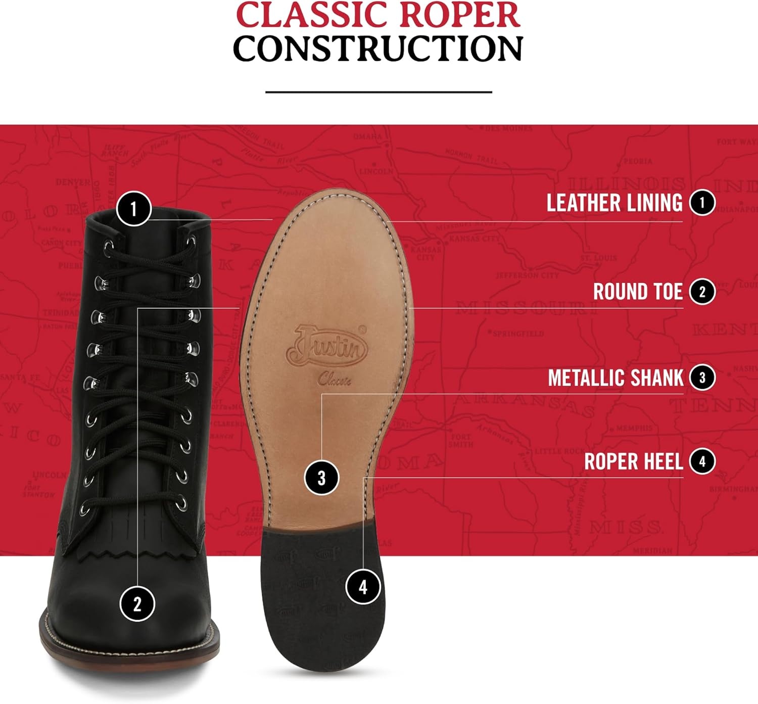 image:imageJustin Mckean 7 LaceUp Roper Womens Western Boot Durable Leather Casual Style Comfortable FootwearBlack