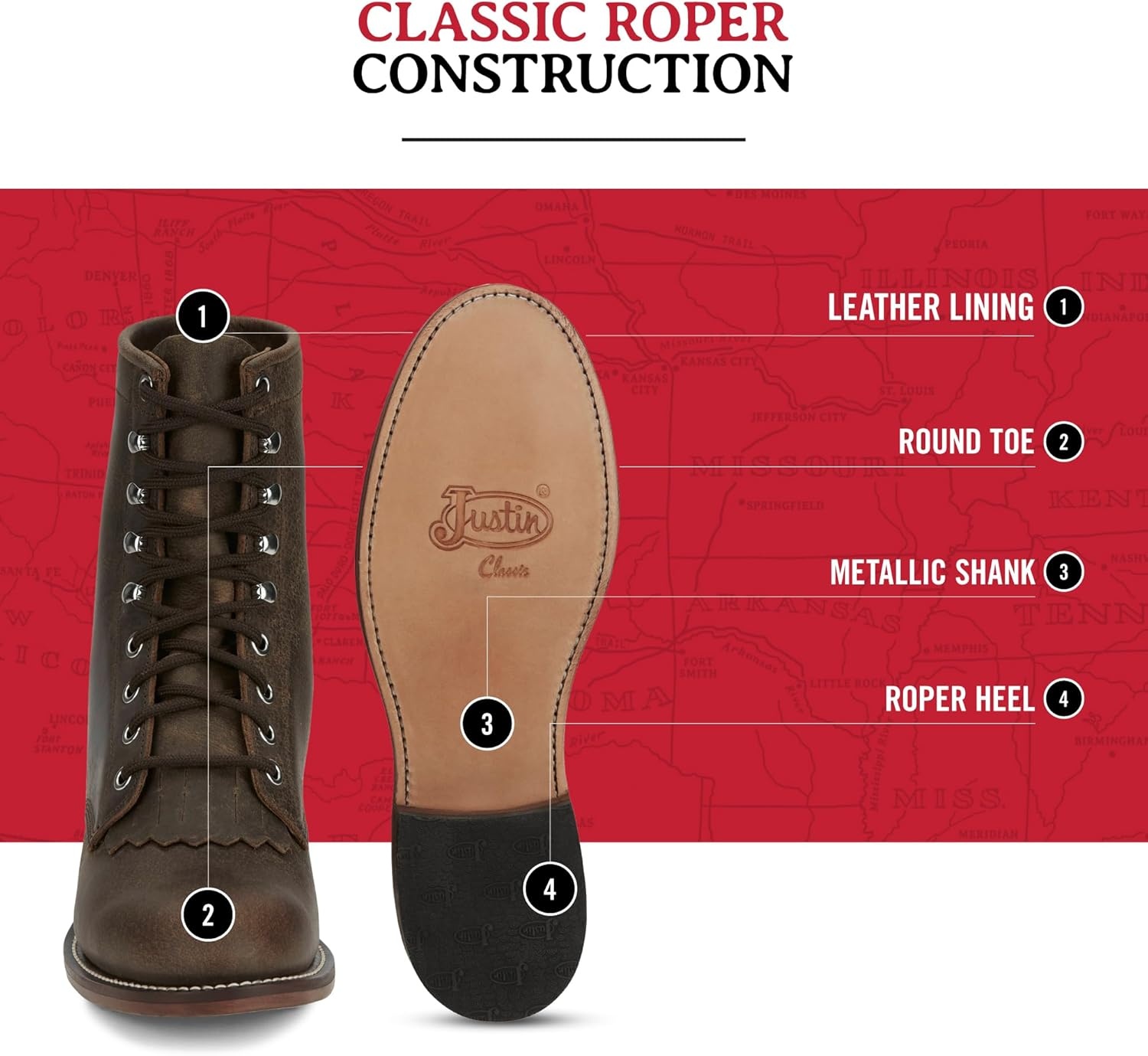image:imageJustin Mckean 7 LaceUp Roper Womens Western Boot Durable Leather Casual Style Comfortable FootwearBrown