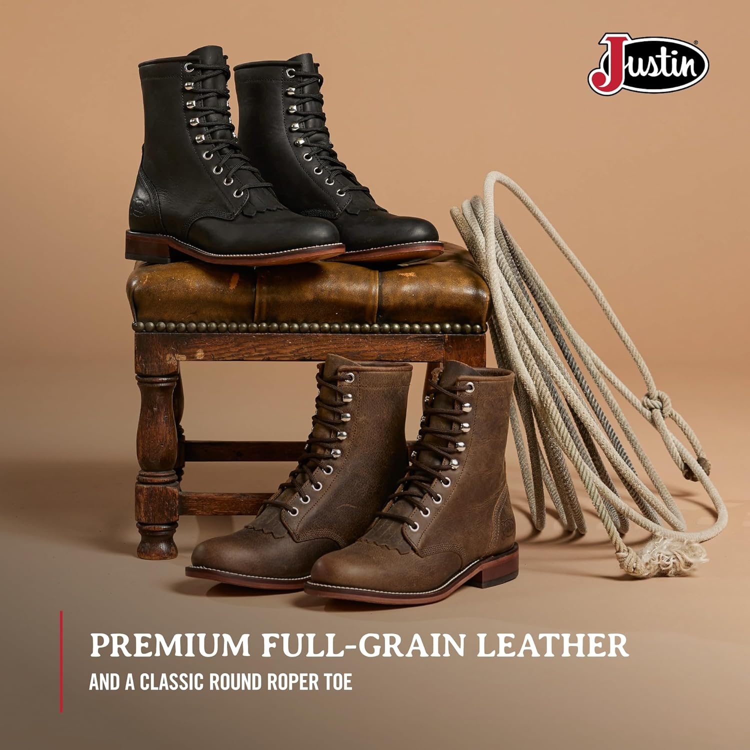 image:imageJustin Mckean 7 LaceUp Roper Womens Western Boot Durable Leather Casual Style Comfortable FootwearBrown