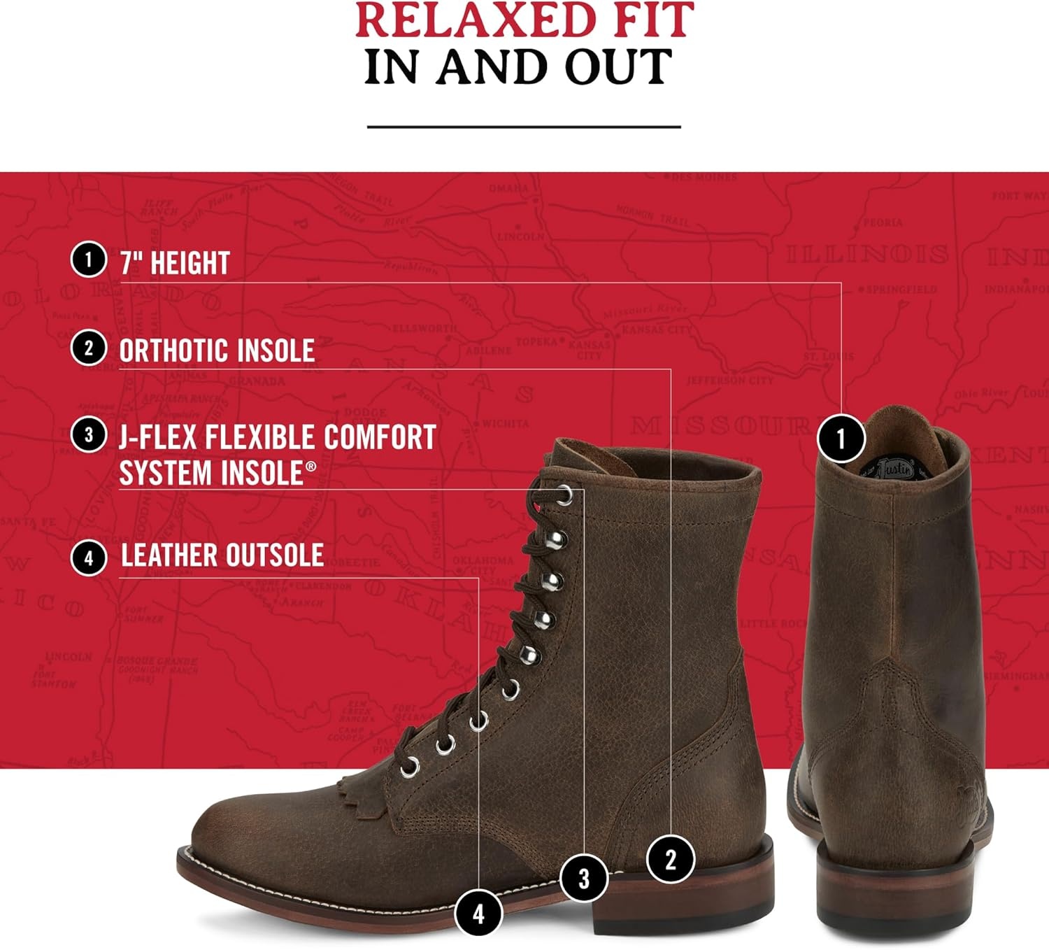 image:imageJustin Mckean 7 LaceUp Roper Womens Western Boot Durable Leather Casual Style Comfortable FootwearBrown