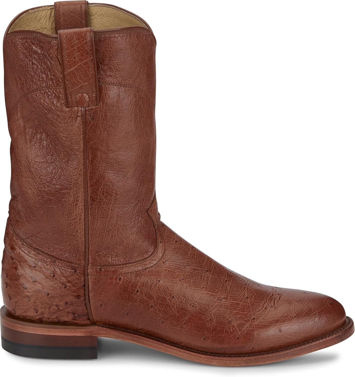 image:imageJustin Stinson 10 Smooth Ostrich Roper Mens Western Boots Premium Exotic Leather Durable Construction Stylish DesignCognac
