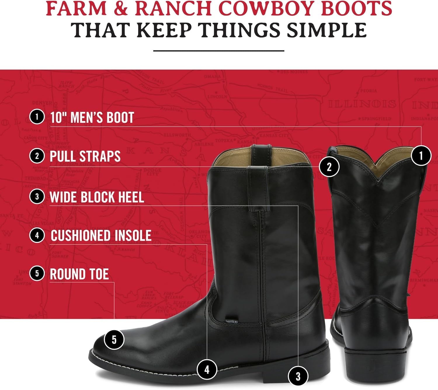 image:imageJustin Temple 10 Roper Cowboy Boots for Men Durable PullOn Round Toe Cowhide Boots with Covered Cushion Insole and TripleDensity Insole BoardBlack