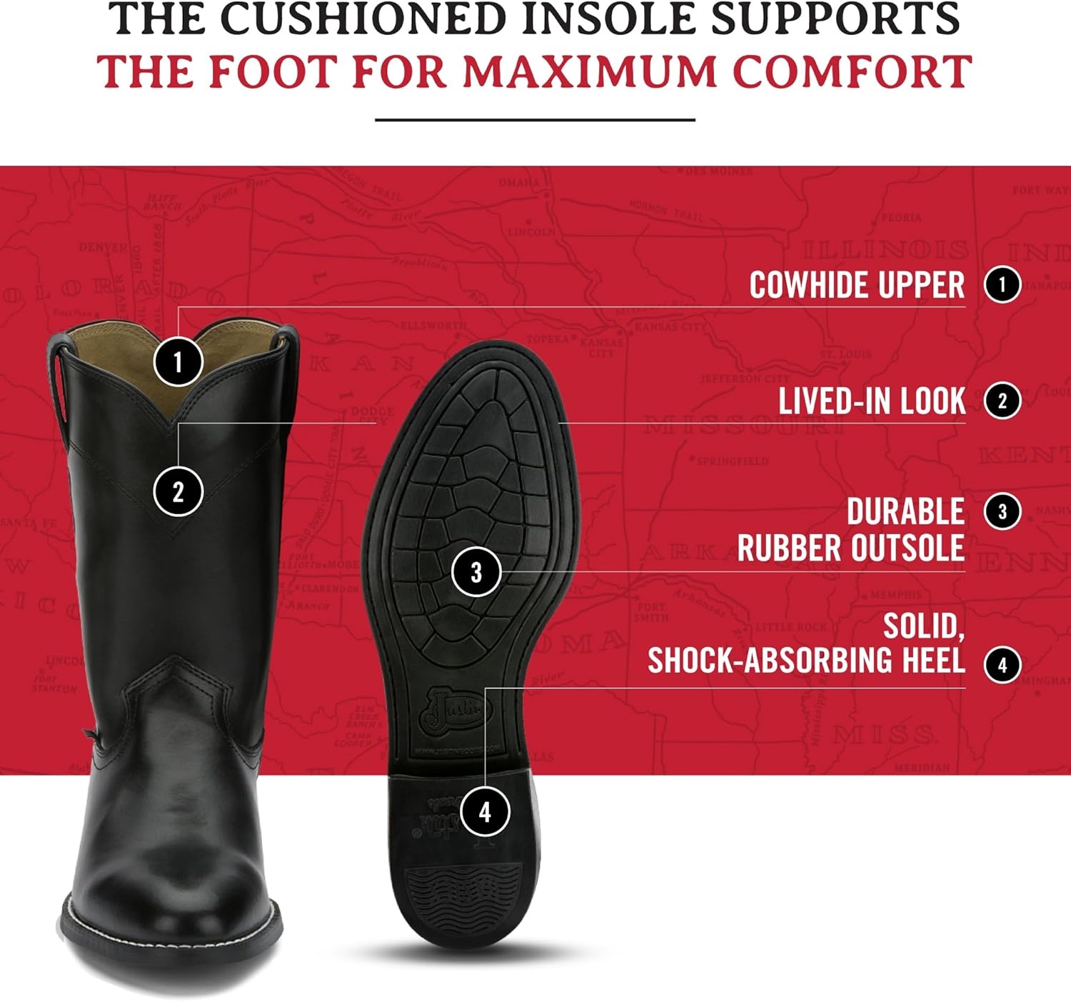 image:imageJustin Temple 10 Roper Cowboy Boots for Men Durable PullOn Round Toe Cowhide Boots with Covered Cushion Insole and TripleDensity Insole BoardBlack