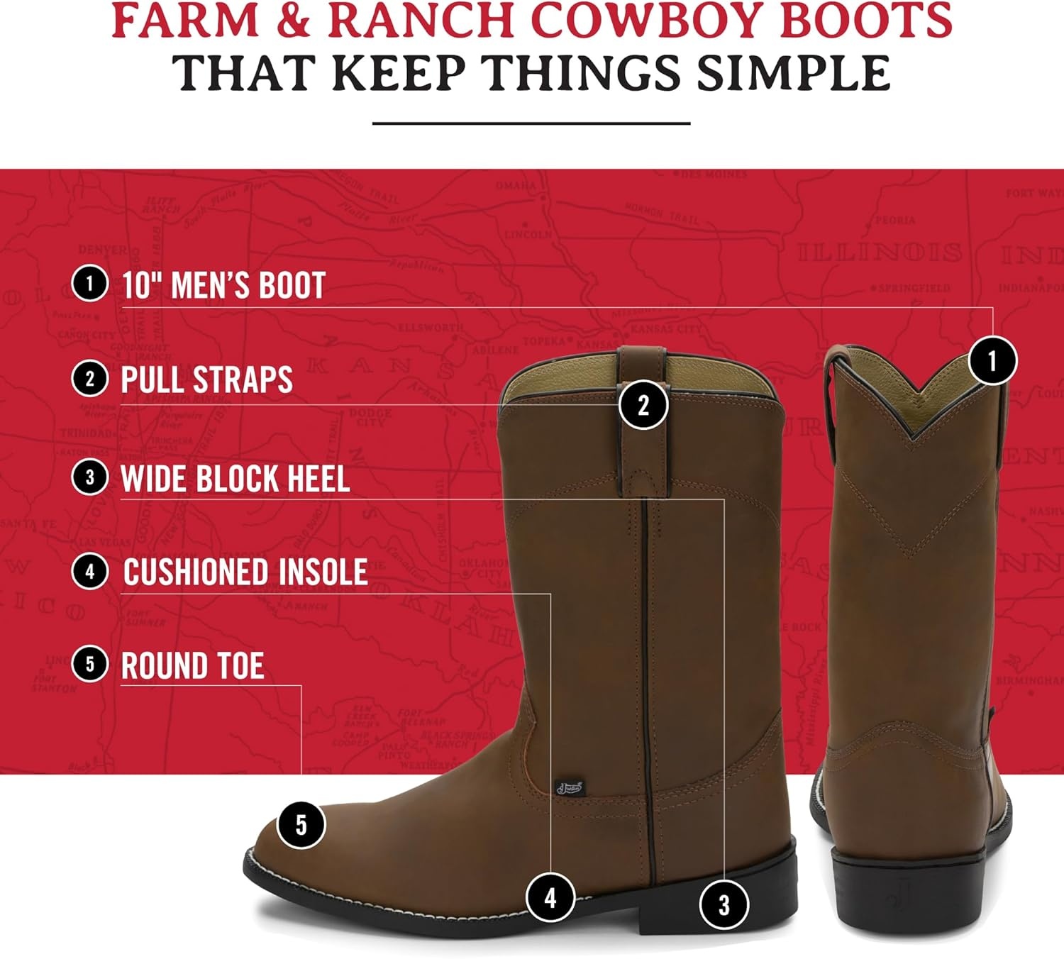 image:imageJustin Temple 10 Roper Cowboy Boots for Men Durable PullOn Round Toe Cowhide Boots with Covered Cushion Insole and TripleDensity Insole BoardClay Brown