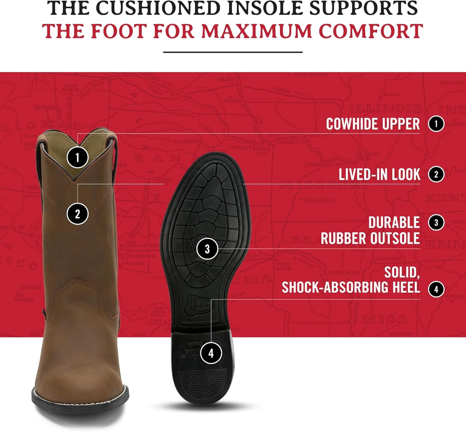 image:imageJustin Temple 10 Roper Cowboy Boots for Men Durable PullOn Round Toe Cowhide Boots with Covered Cushion Insole and TripleDensity Insole BoardClay Brown