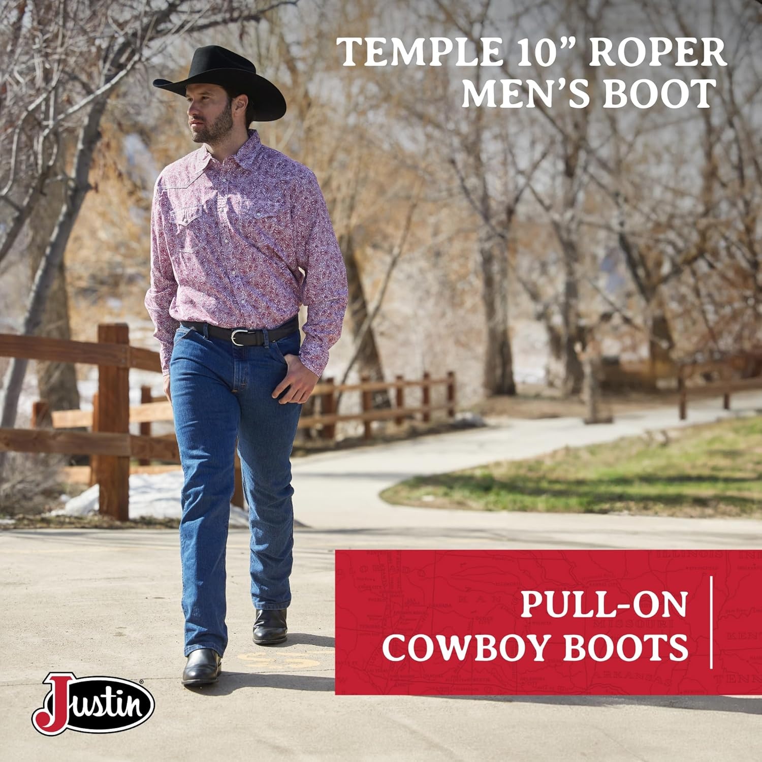 image:imageJustin Temple 10 Roper Cowboy Boots for Men Durable PullOn Round Toe Cowhide Boots with Covered Cushion Insole and TripleDensity Insole BoardClay Brown
