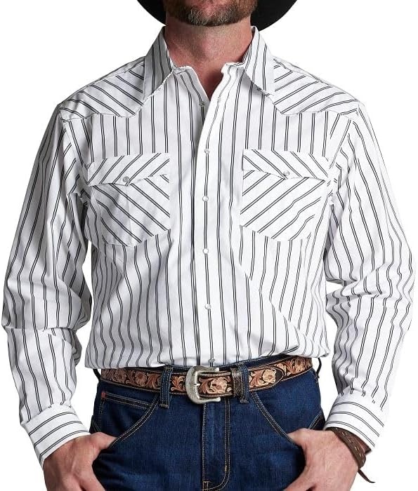 image:imageJustin HJ1508 HJ Sons Two Pocket Shirt Mens WesternStyle Long Sleeve Snap Closure WrinkleFreeBlack and White Stripe