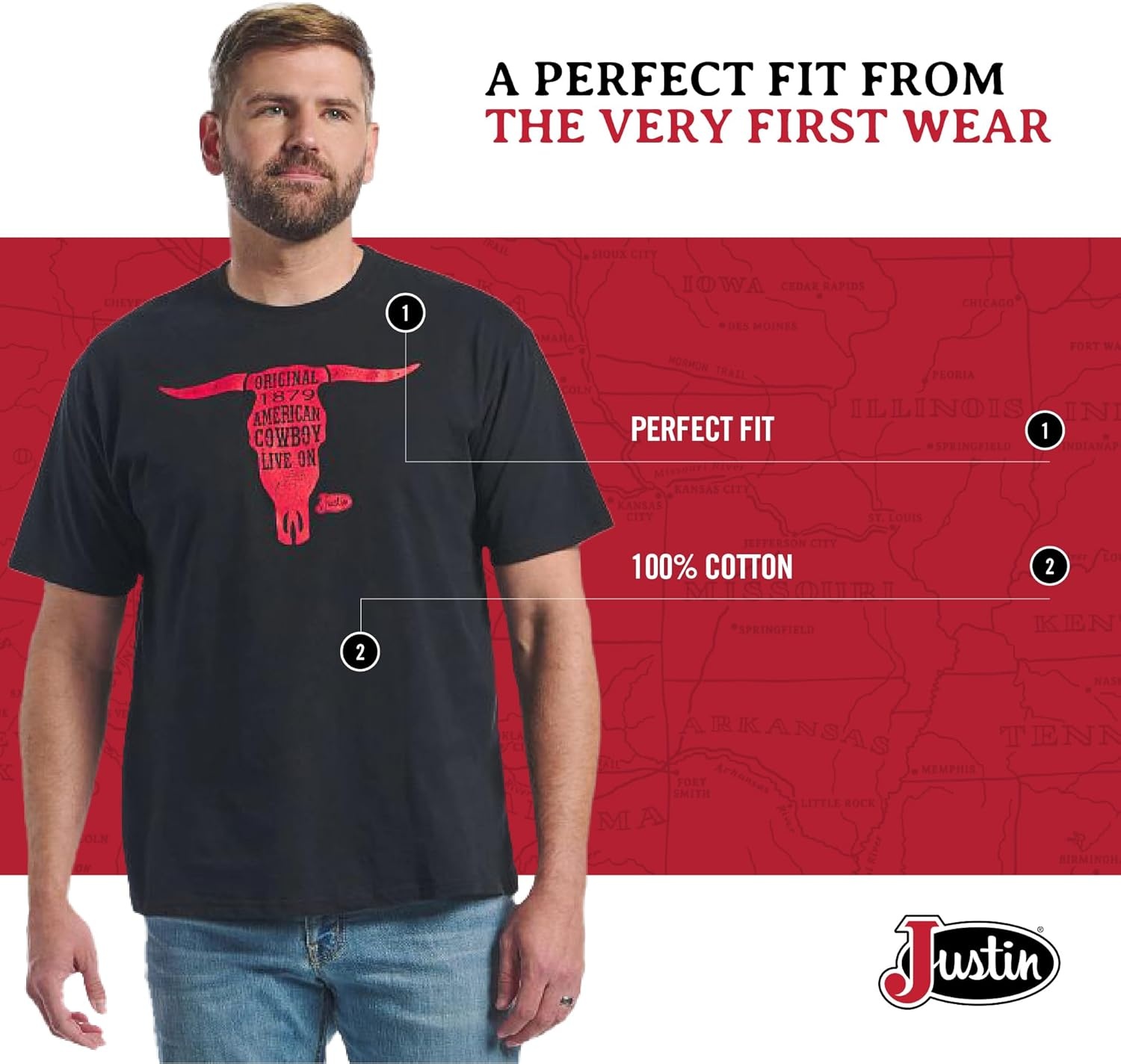 image:imageJustin JG3176 Mens Cowboy Live On Tee Western Graphic Shirt Vintage Style Casual Short Sleeve Comfortable Cotton BlendBlack