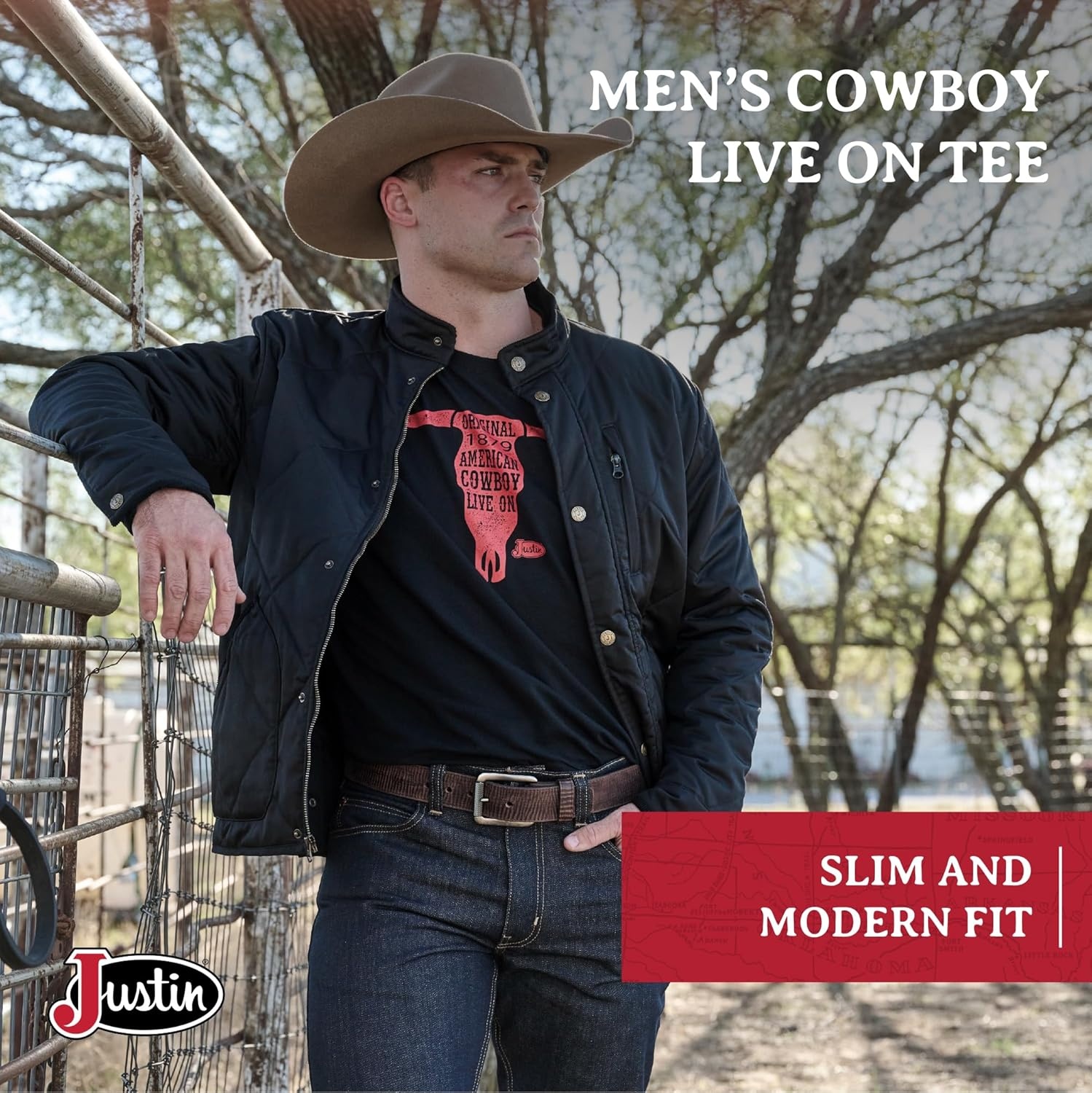 image:imageJustin JG3176 Mens Cowboy Live On Tee Western Graphic Shirt Vintage Style Casual Short Sleeve Comfortable Cotton BlendBlack