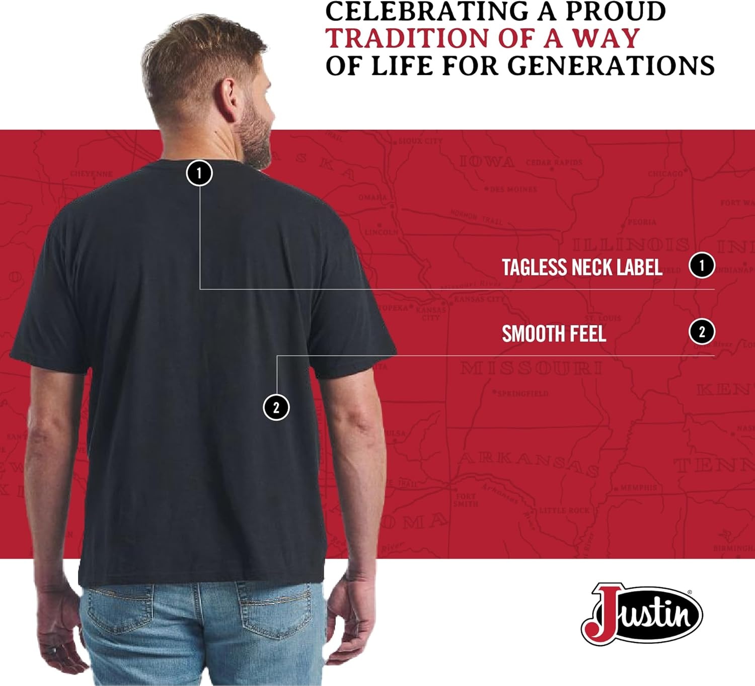 image:imageJustin JG3176 Mens Cowboy Live On Tee Western Graphic Shirt Vintage Style Casual Short Sleeve Comfortable Cotton BlendBlack