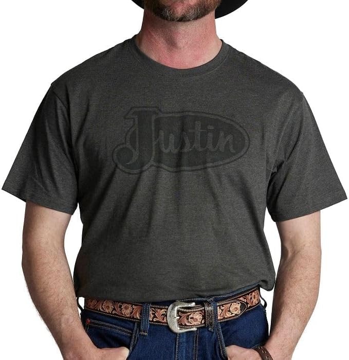 image:imageJustin Logo Tee for Men Comfortable Western Style TShirt Soft CottonPolyester Blend Tagless Neck Everyday WearCharcoal Grey