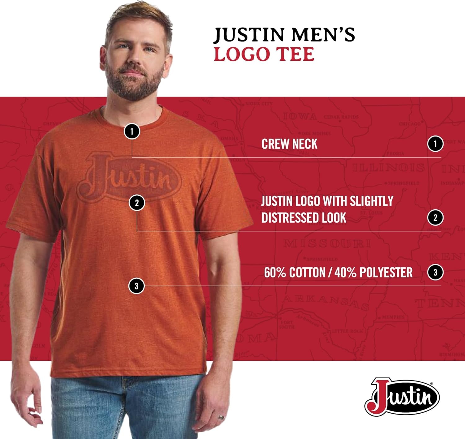 image:imageJustin Logo Tee for Men Comfortable Western Style TShirt Soft CottonPolyester Blend Tagless Neck Everyday WearRust Heather