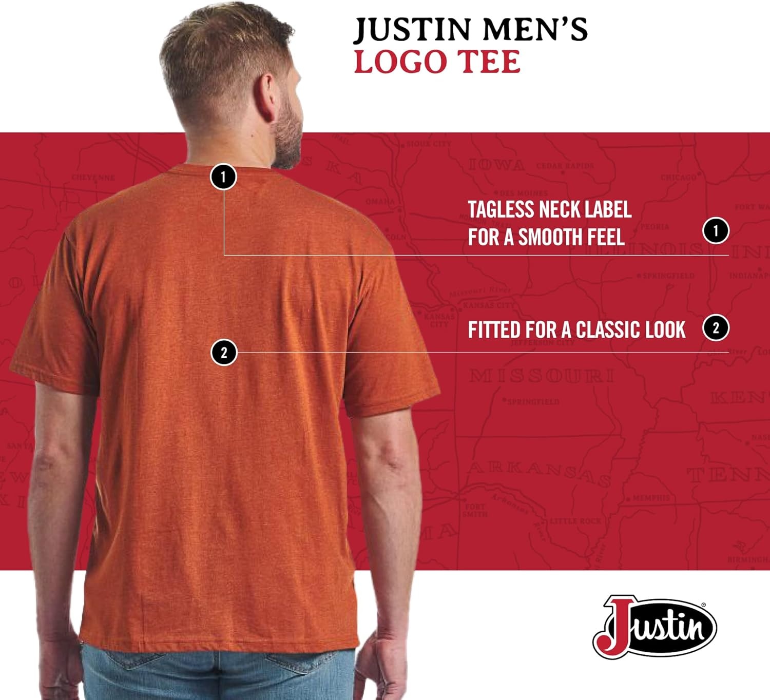 image:imageJustin Logo Tee for Men Comfortable Western Style TShirt Soft CottonPolyester Blend Tagless Neck Everyday WearRust Heather