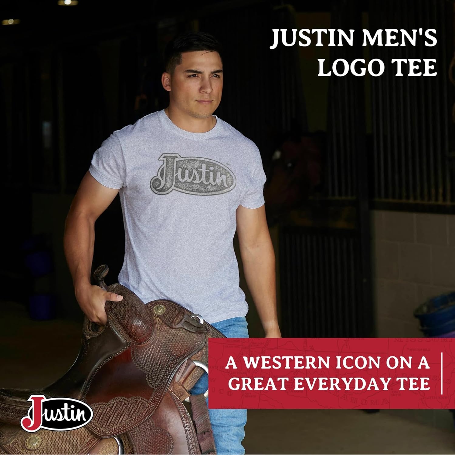 image:imageJustin Logo Tee for Men Comfortable Western Style TShirt Soft CottonPolyester Blend Tagless Neck Everyday WearRust Heather